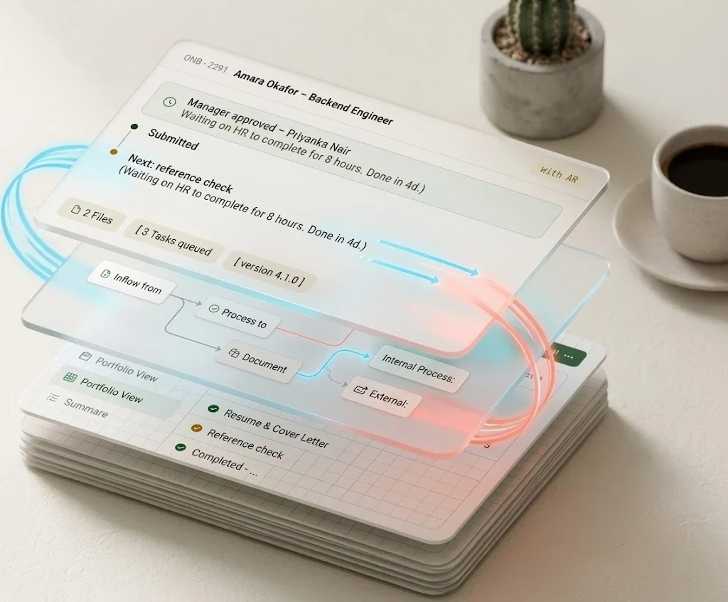 One onboarding record shown as a stack of layers: the case and its timeline on top, the workflow that routes it beneath, and the portfolio view it rolls up into below that.